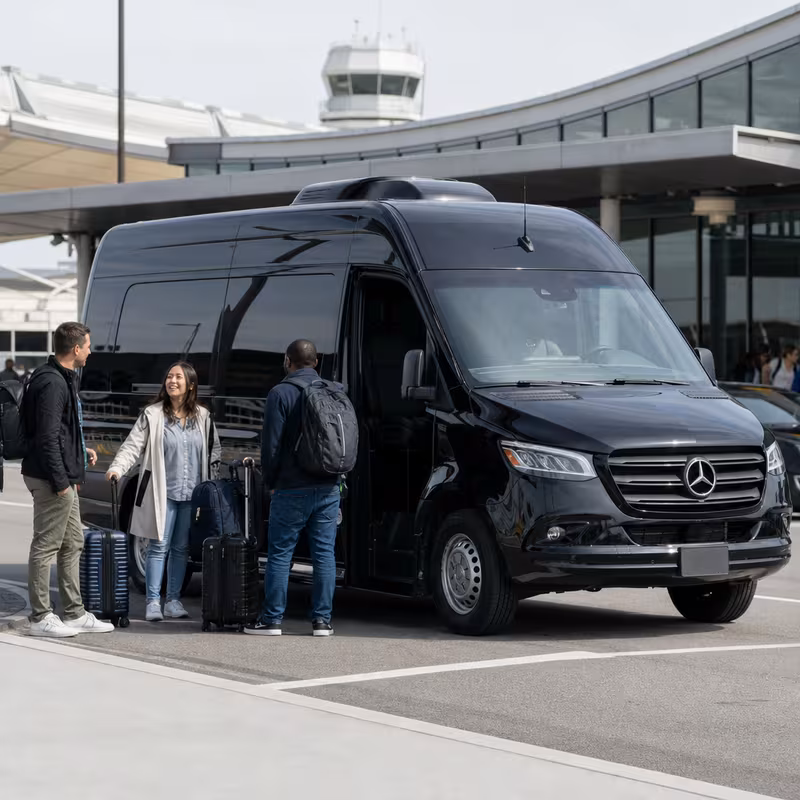 Group boarding a white charter bus for Airport Transportation transportation in Washington