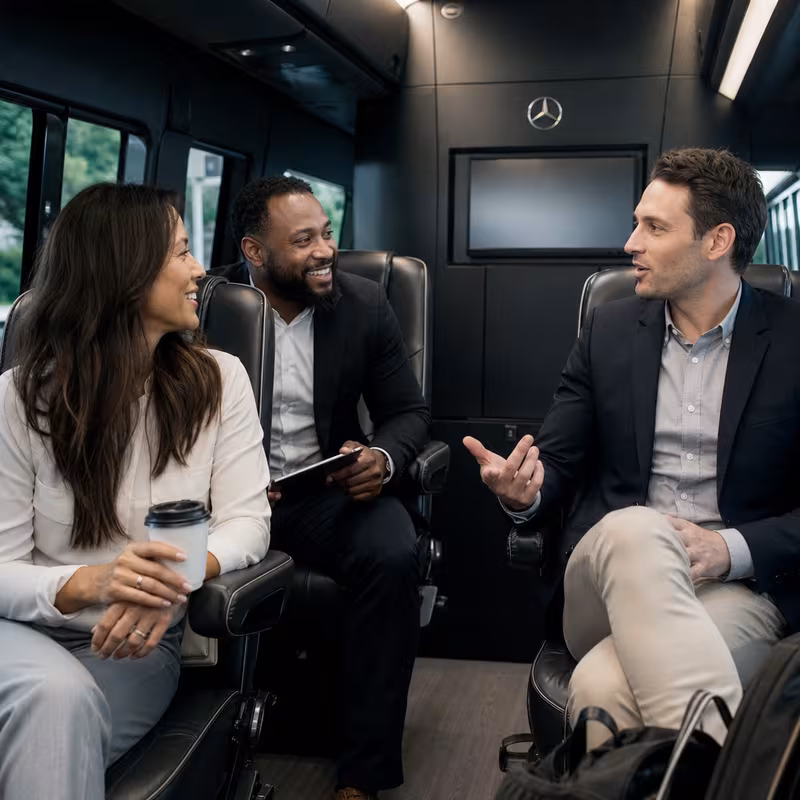 Group boarding a white charter bus for Corporate Transportation transportation in Washington