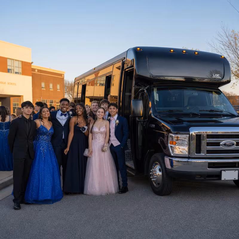 Group boarding a white charter bus for Prom & Homecoming Transportation transportation in Washington