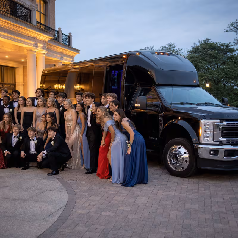 Party bus interior with wraparound leather seating and LED lighting in Washington