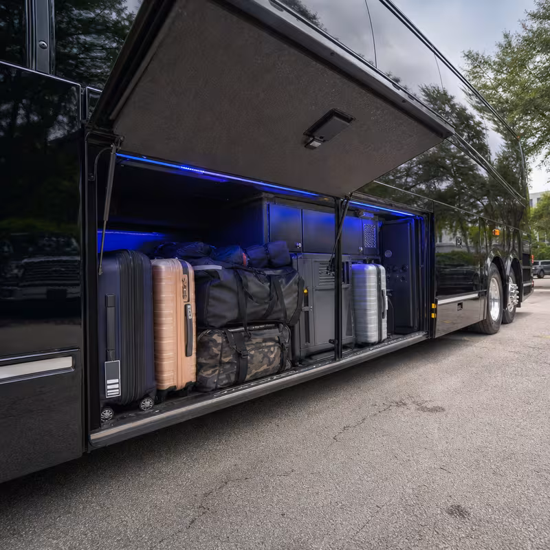 Party bus interior with wraparound leather seating and LED lighting in Washington